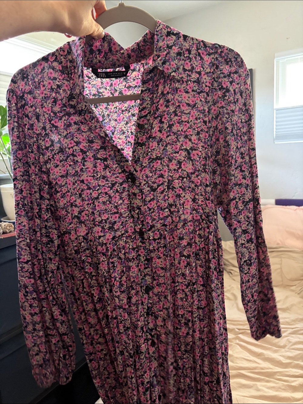 ZARA Pink and Black Floral Long-Sleeve dress